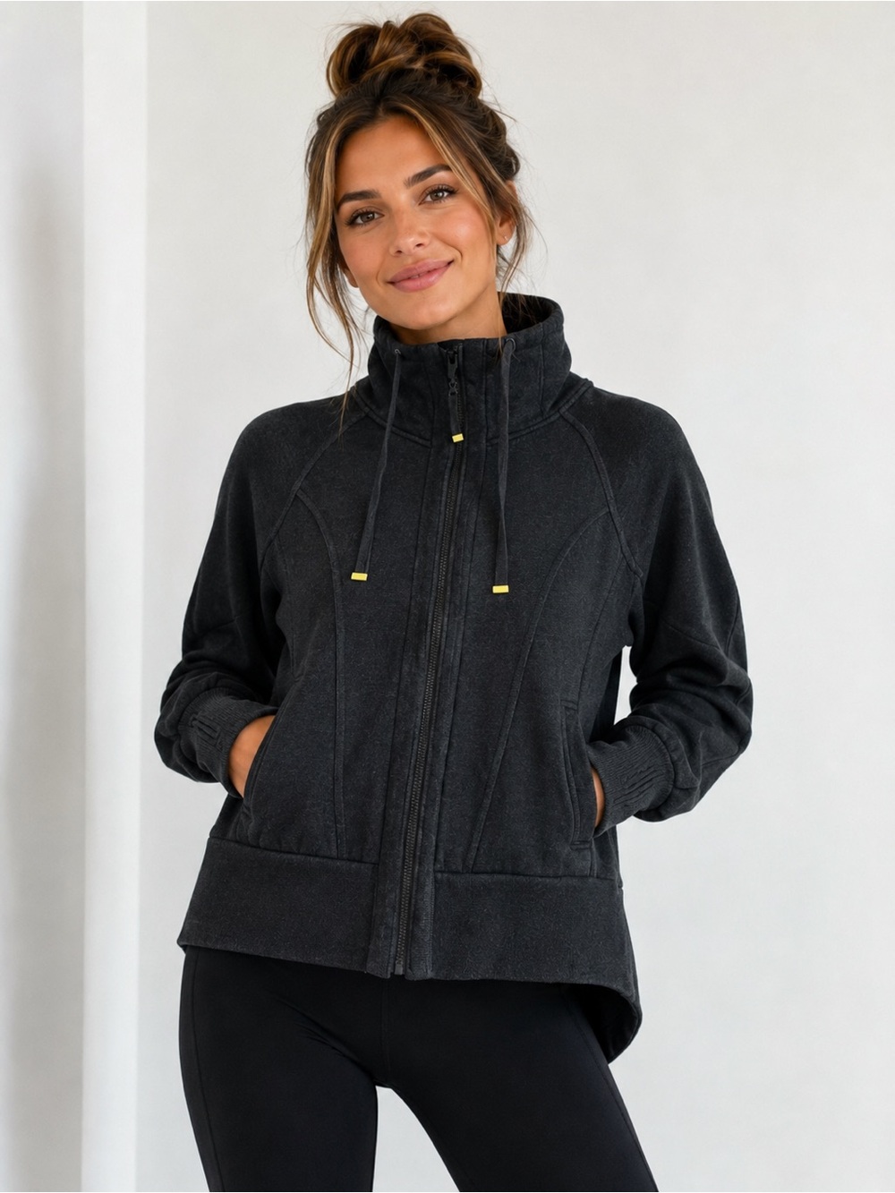 MONDETTA Charcoal Heather Gray & Yellow Detail Sporty Full-Zip Sweatshirt Jacket